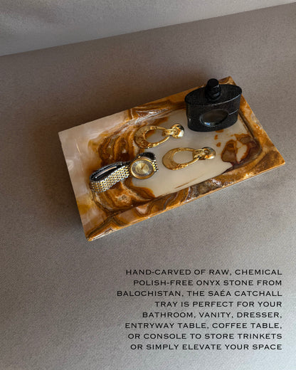 Raw onyx vanity tray with cream and brown contrast, sculptural stone decor tray for modern organic interiors
